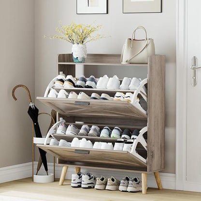 Homleke Farmhouse Shoe Storage Cabinet with Flip Drawers & Barn Door Design | Slim Narrow Shoe Rack Cabinet with Adjustable Shelves & Hidden Storage for Entryway, Foyer, Hallway, Living Room, Greige