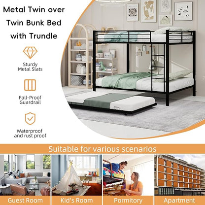 Metal Bunk Bed with Trundle, Space-Saving Bunk Bed Full Over Full with Ladders and Safety Guardrail, Heavy Duty Full Bed Frames, No Box Spring Needed and Noise Free(Black)