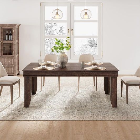 GarveeHome Farmhouse Dining Table for 6-8 People, 71 in Long Kitchen Tables with Wooden Sturdy Frame, 6 ft Large Rectangular Dinner Table for Dining Room, Kitchen, Dark Walnut, 71" Non-extendable