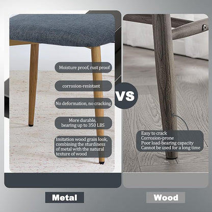 FREKEN Modern Upholstered Dining Chairs Set of 4, Mid-Century Metal Frame with Wood Grain, Linen Fabric Side Chair for Kitchen Dining Room, 350lbs Capacity, Grey
