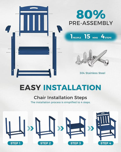 Ciokea HDPE Outdoor Patio Dining Chairs Set of 2, All-Weather Porch Chair with Wide Seat, Durable Outdoor Furniture for Backyard, Garden, Lawn & Poolside, Navy Blue