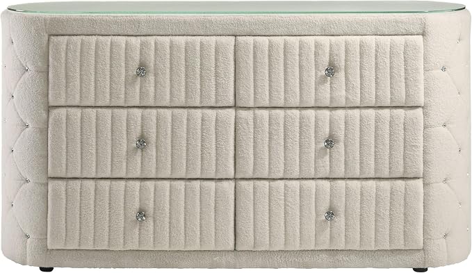 Coaster Home Furnishings - Sonya - Wood - Boucle Upholstered 6-Drawer Dresser with Crystal Hardware, Tufted Panels and Glass Top - Bedroom - Ivory - 360113