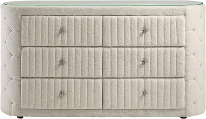 Coaster Home Furnishings - Sonya - Wood - Boucle Upholstered 6-Drawer Dresser with Crystal Hardware, Tufted Panels and Glass Top - Bedroom - Ivory - 360113