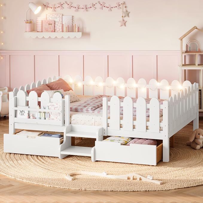 Bellemave Queen Kids Montessori Bed with Stairs, Bookshelf and LED Lights, Solid Wood Kids Bed Frame with Storage Drawers for Boys Girls, Low Profile,White