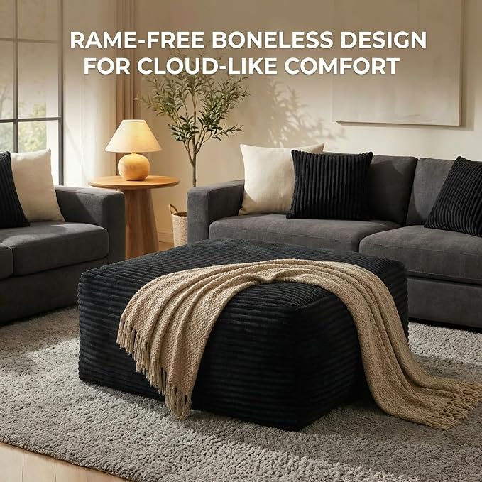 Oversized Boneless Ottoman for Living Room – Plush Square Corduroy Upholstered Couch Ottoman, Modern Low-Profile Footrest for Sectional & Modular Sofa-Black