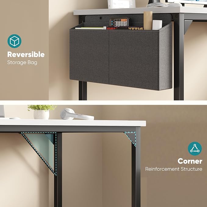 OLIXIS Computer Desk, 63 Inch Home Office Desks for Small Spaces, Writing Craft Study Gaming Table for Bedroom, Modern Computer Workstation with Storage Bag, White