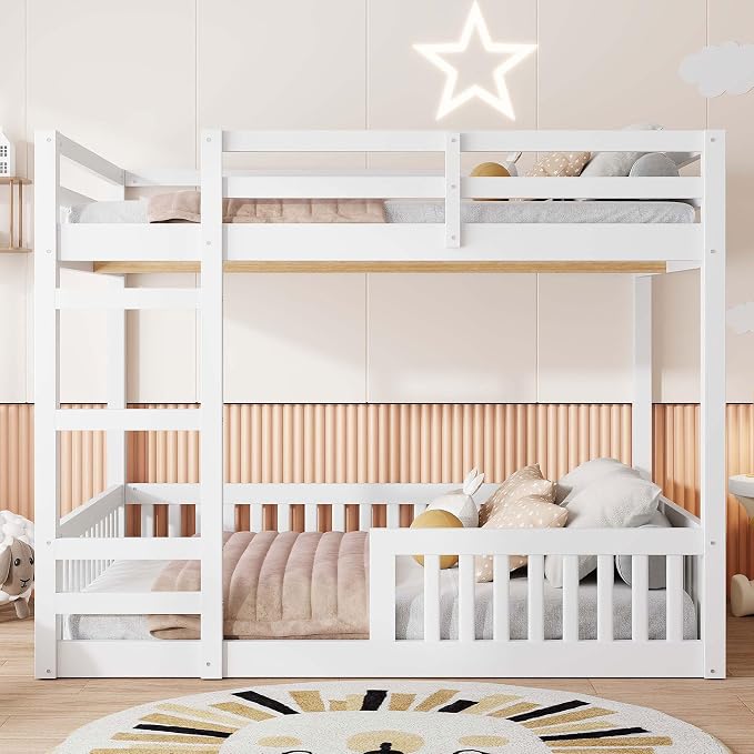 RUNNA Full Over Full Bunk Bed with Ladder,Guardrails,White | Full over full bunk bed with ladder,guardrails,solid wood frame,no box spring needed,bedrooms,guest rooms,dormitories,White