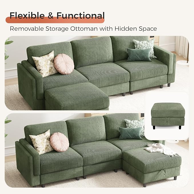 KKL Modular Sectional Sofa Bed with Storage Ottoman, Convertible L/U-Shaped Sleeper Couch for Living Room, Modern Reversible Design (Green, 4 Seat L Shape)