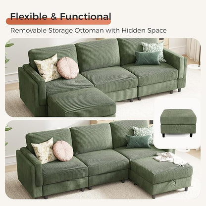 KKL Modular Sectional Sofa Bed with Storage Ottoman, Convertible L/U-Shaped Sleeper Couch for Living Room, Modern Reversible Design (Green, 4 Seat L Shape)