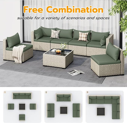 UDPATIO Outdoor Patio Furniture Set, 7 Pcs PE Wicker Sectional Sofa with Tea Table, Outdoor Conversation Set for Patio, Garden, Backyard (Green Cushions with Light Grey Rattan)