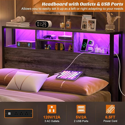 Aheaplus Headboard for Full Size Bed with Storage, Headboards with Outlets, USB Ports and LED Light, Full Size Head Board Only, Height Adjustable, Reversible, Sturdy and Stable Headboard, Black Oak