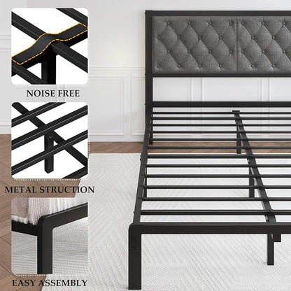 HISOFT Queen Bed Frame with Upholstered Button Tufted Headboard, Bed Frame Platform Metal Slats Support, Under Bed Storage, No Box Spring Needed, Noise-Free, Easy Assembly, Grey