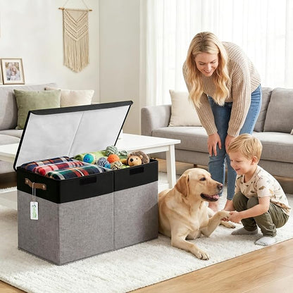 Bagnizer Large Toy Storage Box with Lids, Collapsible Sturdy Baby Storage Organizer Chest Bin Basket for Kids, Boys, Girls, Playroom, Nursery, Bedroom, Closet 25"x13"x16" (Gray and Black)