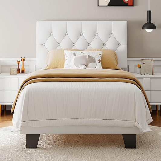 Feonase Velvet Twin Size Bed Frame with Button Tufted Headboard, Upholstered Bed with Wooden Slats Support, No Box Spring Needed, Easy Assembly, Noise-Free, White