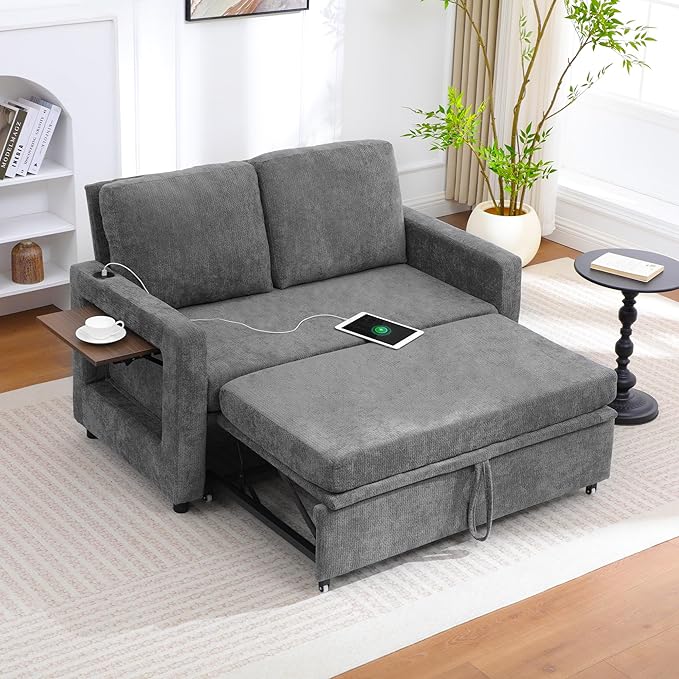 3 in 1 Folding Convertible Sleeper Sofa Bed Pull Out Couch with Side Pockets USB Port Side Table Loveseat Sofa Bed with Adjustable Backrest for Living Room Bedroom 66" Darkgrey 2 SEAT