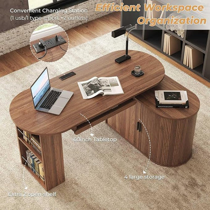 HSH Office L Shaped Computer Desk with Storage Cabinet, Reversible Corner L Desks with Keyboard Tray and Open Shelf, Home Office Executive Desk with Power Outlet for Study Workstation, Walnut 60 Inch
