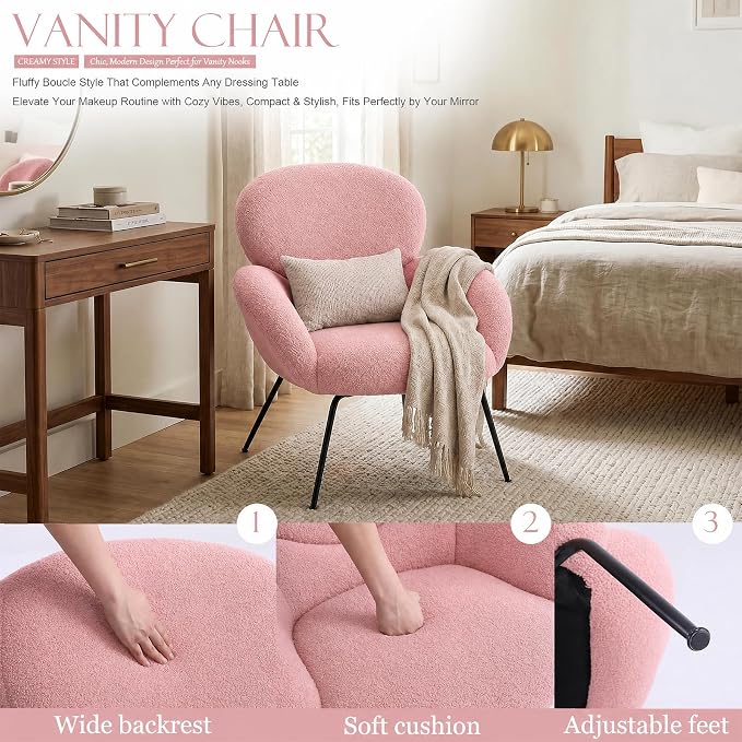 Accent Chair, Cloud Accent Chair for Bedroom, Boucle Fabric (Pink) | Comfy Bedroom Chair with Love Back and Sturdy And Durable Solid-Wood Frame/ Study Room / Bedroom / Living Room /(Cream Style)