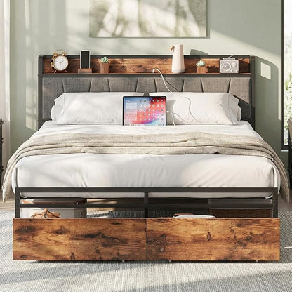 LIKIMIO Queen Size Bed Frame with 2 Drawers and Charging Station | Platform Bed with Upholstered Storage Headboard, No Box Spring Needed, Easy Assembly, Sturdy, Vintage Brown and Gray