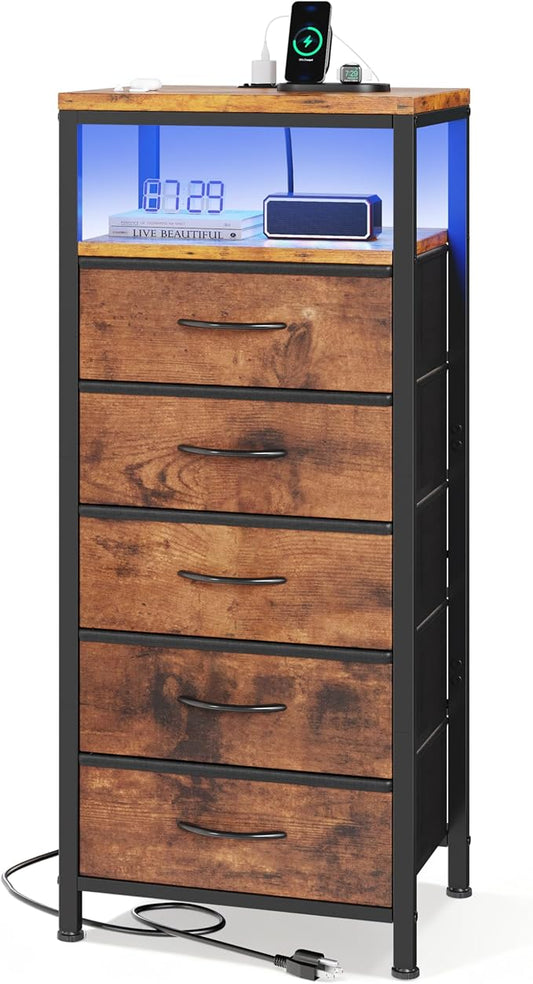 Sweetcrispy Nightstand with Charging Station, Bedside End Table with 5 Fabric Drawers, USB & Type-C Ports with AC Outlets, Adjustable Feet & Dimmable LED Light Strip, Modern Bedroom Furniture, Brown