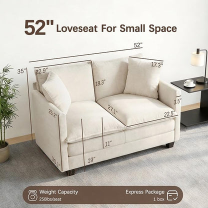 Loveseat Sofa, 52''Modern Cloud Sofa Couch with 27" Deep Seat & 2 Pillows, Comfy Chenille Small Couch for Small Spaces, Apartment, Studio, Bedroom, Living Room (Beige, Loveseat)