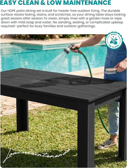 SERWALL HDPE Dining Set for 8: 2 Umbrella Hole Tables + 8 Chairs. for Garden, Backyard, Poolside. Black