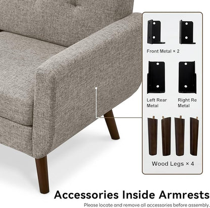 Tbfit 65" W Loveseat Sofa, Mid Century Modern Love Seat Couches for Living Room, Button Tufted Upholstered Small Couch for Bedroom, Solid and Easy to Install Love Seats Furniture, Grey