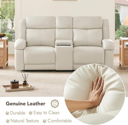 Watson & Whitely Genuine Leather Power Loveseat Recliner Sofa, Wall Hugger Loveseat Reclining Sofa with Storage Console, Power Headrest, Cup Holders, Dual Recliners for Living Room, RV, Cream