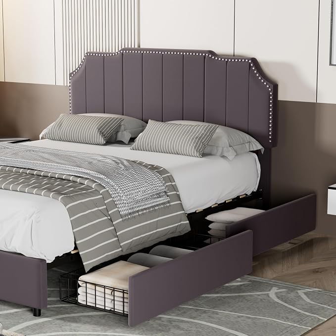 VECELO Full Velvet Upholstered Platform Bed Frame with 4 Rollers Storage Drawers,Full Size Bed with Tufted Height Adjustable Headboard,Wooden Slats/No Box Spring Needed/Easy Assembly