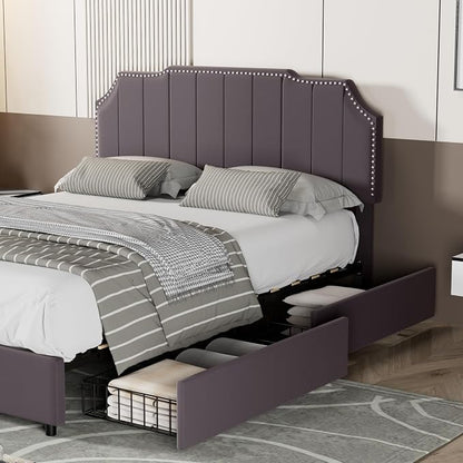 VECELO Full Velvet Upholstered Platform Bed Frame with 4 Rollers Storage Drawers,Full Size Bed with Tufted Height Adjustable Headboard,Wooden Slats/No Box Spring Needed/Easy Assembly