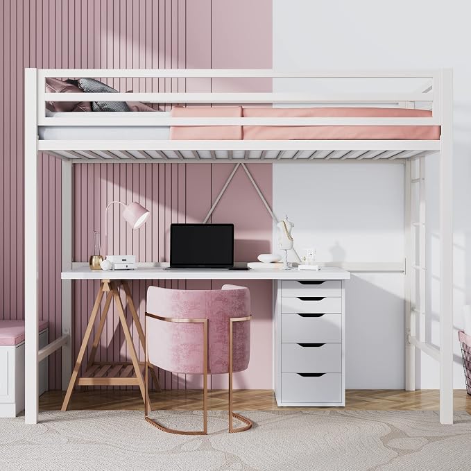 SHA CERLIN Loft Bed Twin Size with Ladder and Guardrail,White | Heavy Duty Metal Slats Support,No Box Spring Needed,Small Space Saving Furniture for Bedroom Dorm