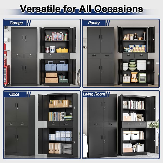 BESFUR Metal Garage Storage Cabinet with Two Drawers Locking Doors and 2 Adjustable Shelves, Black Tall Storage Cabinets, Tool File Lockable Cabinet for Garage Office Warehouse Shop(71”H)