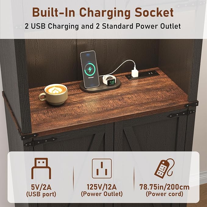 72" Tall Farmhouse Kitchen Pantry Cabinet with LED Light and Power Outlet,Modern Farmhouse Kitchen Storage Cabinet w Load-Bearing Steel Pipe,Barn Doors, Organizer,Food Pantry Cabinets(2PC Black)