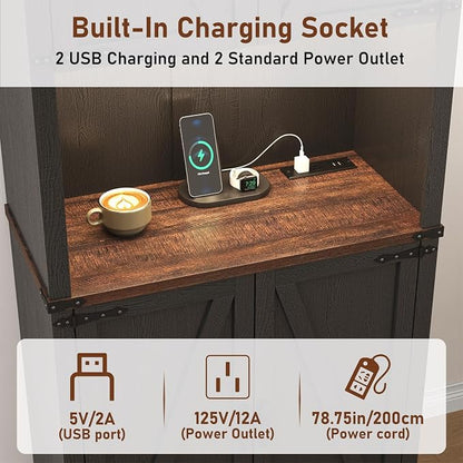 72" Tall Farmhouse Kitchen Pantry Cabinet with LED Light and Power Outlet,Modern Farmhouse Kitchen Storage Cabinet w Load-Bearing Steel Pipe,Barn Doors, Organizer,Food Pantry Cabinets(2PC Black)