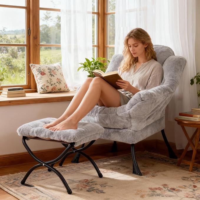 Lazy Chair with Ottoman, Modern Accent Lounge Leisure Sofa with Armrests, Reading Chair and Folding Footstool for Living Room, Bedroom, Office, Plush Grey