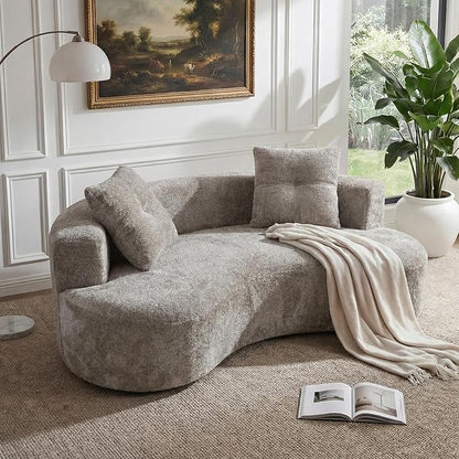 80'' Curved Loveseat Sofa Couch for Living Room, Deep Seat Cloud Boneless Floor Couch with 2 Throw Pillows, Comfy Chenille Floor Sofa, Modern Round Loveseat Sofa for Small Space (Camel, 80 Inch)