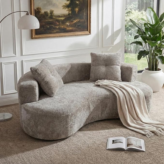 80'' Curved Loveseat Sofa Couch for Living Room, Deep Seat Cloud Boneless Floor Couch with 2 Throw Pillows, Comfy Chenille Floor Sofa, Modern Round Loveseat Sofa for Small Space (Camel, 80 Inch)