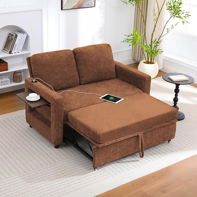 3 in 1 Folding Convertible Sleeper Sofa Bed Pull Out Couch with Side Pockets USB Port Side Table Loveseat Sofa Bed with Adjustable Backrest for Living Room Bedroom 66" Orange 2 SEAT