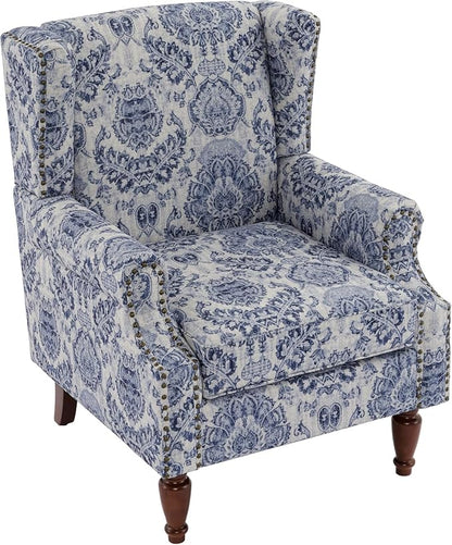 High Back Accent Chair, Fabric Upholstered Armchair Floral Wingback Chair for Living Room, Comfy Solid Wood Legs Bedroom Reading Seat - Navy