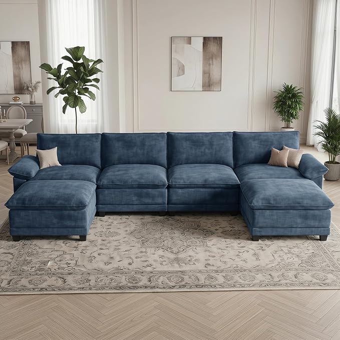 Modern U Shaped Sofa Couches for Living Room, Modular Sectional Cloud Couch with Movable Ottoman, Comfy Chenille Sofa for Apartment and Small Space, Blue
