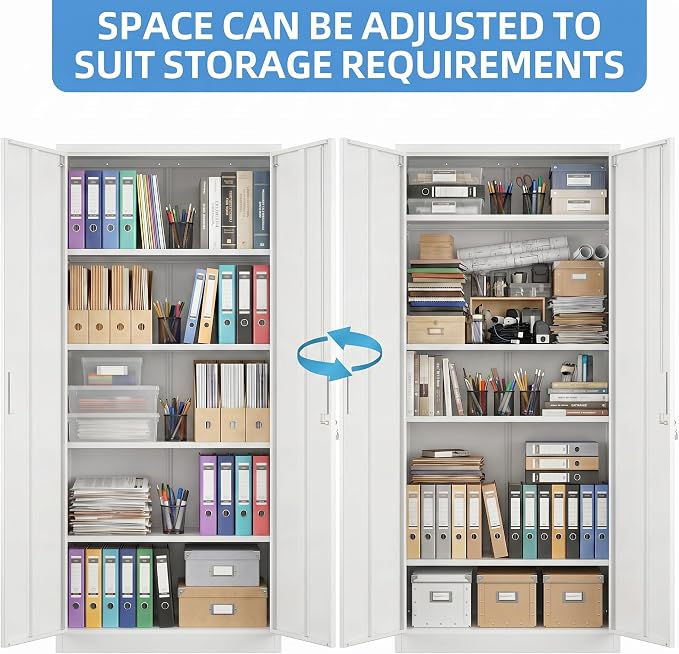 SUXXAN Metal Storage Cabinet with Doors and Shelves, 71" H Locking Steel Garage Cabinet for Home Office Studio Pantry, Tall Tool File Cabinet Assembly Require, White
