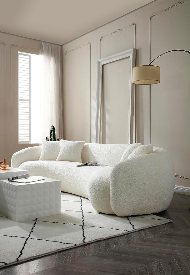 KEIKI 103" Boucle Half Moon Curved Sectional Sofa with 4 Throw Pillows, Modern Style 5-Seater Teddy Fleece Leisure Couch with Curved Backrest, Easy Assembly, for Apartment, Living Room, Bedroom, White