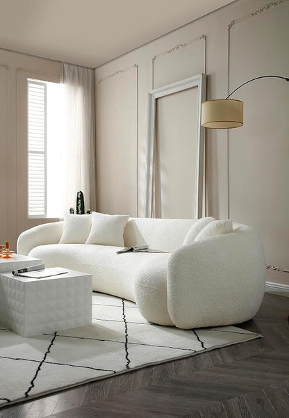 KEIKI 103" Boucle Half Moon Curved Sectional Sofa with 4 Throw Pillows, Modern Style 5-Seater Teddy Fleece Leisure Couch with Curved Backrest, Easy Assembly, for Apartment, Living Room, Bedroom, White
