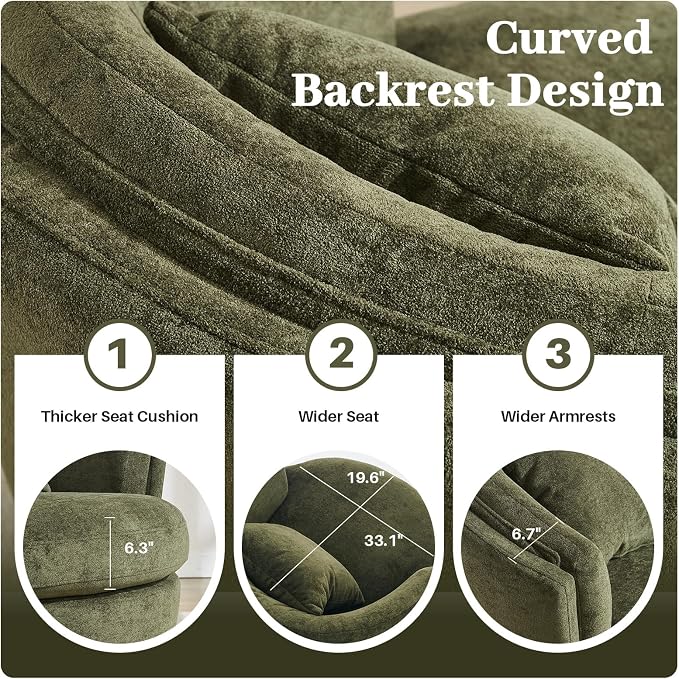 Swivel Accent Chair, 360 Degree Round Swivel Barrel Chair with Pillow, Widened Upholstered Comfy Barrel Armchair for Living Room Bedroom Reading Room, Green