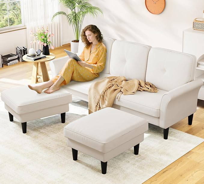Small Sectional Couch, 83" U Shaped Couch, Comfy Velvet Couches for Living Room, Tool-Free Setup Modular Sectional Sofa, 850lbs Load Sofas for Living Room with 2 Movable Ottomans, White Couch