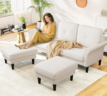 Small Sectional Couch, 83" U Shaped Couch, Comfy Velvet Couches for Living Room, Tool-Free Setup Modular Sectional Sofa, 850lbs Load Sofas for Living Room with 2 Movable Ottomans, White Couch