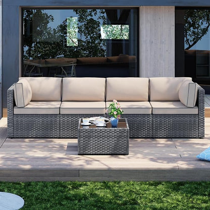 Patio Furniture Sets, 5 Piece Outdoor Sectional Sofas, Wicker Rattan Outdoor Furniture Patio Conversation Set, All-Weather PE Rattan Outdoor Couch for Backyard, Garden, Gray & Khaki