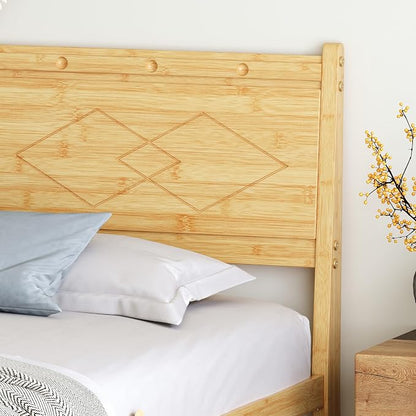 RLDVAY Bamboo Twin Bed Frames, 14 Inch Platform Bamboo Wood Bed with Tall Headboard, No Box Spring Needed, Heavy Duty Metal Slats, Easy Assembly, Noise Free, Twin Size Bed