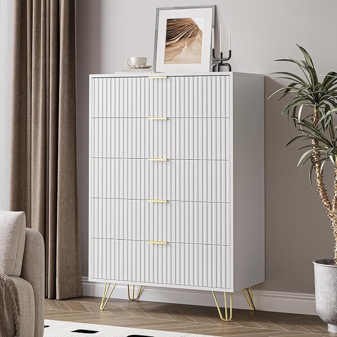 MAISONARIA 5 Drawers Dresser for Bedroom, 47" Tall Modern Chest of Drawers with Gold Handle, Fluted Wood Dresser for Bedroom, Living Room, Hallway, Entryway, White