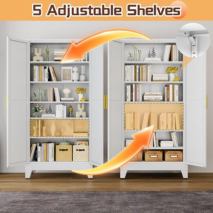 PAOFIN 75" Metal Kitchen Pantry Cabinet,White Storage Cabinet with Doors and 5 Adjustable Shelves, Cabinet with 2 Metal Handles,Tall Cabinet for Livingroom,Pantry, Bathroom,Kitchen