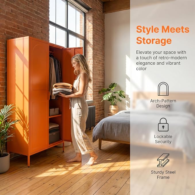 Lockable Closet Metal Wardrobe 67" Orange 2 Door Wardrobe Bedroom Storage Cabinet Adjustable shelf Multi functional metal Storage Cabinet with hanging rail for domestic use 18.1" D x 31.5" W x 67" H